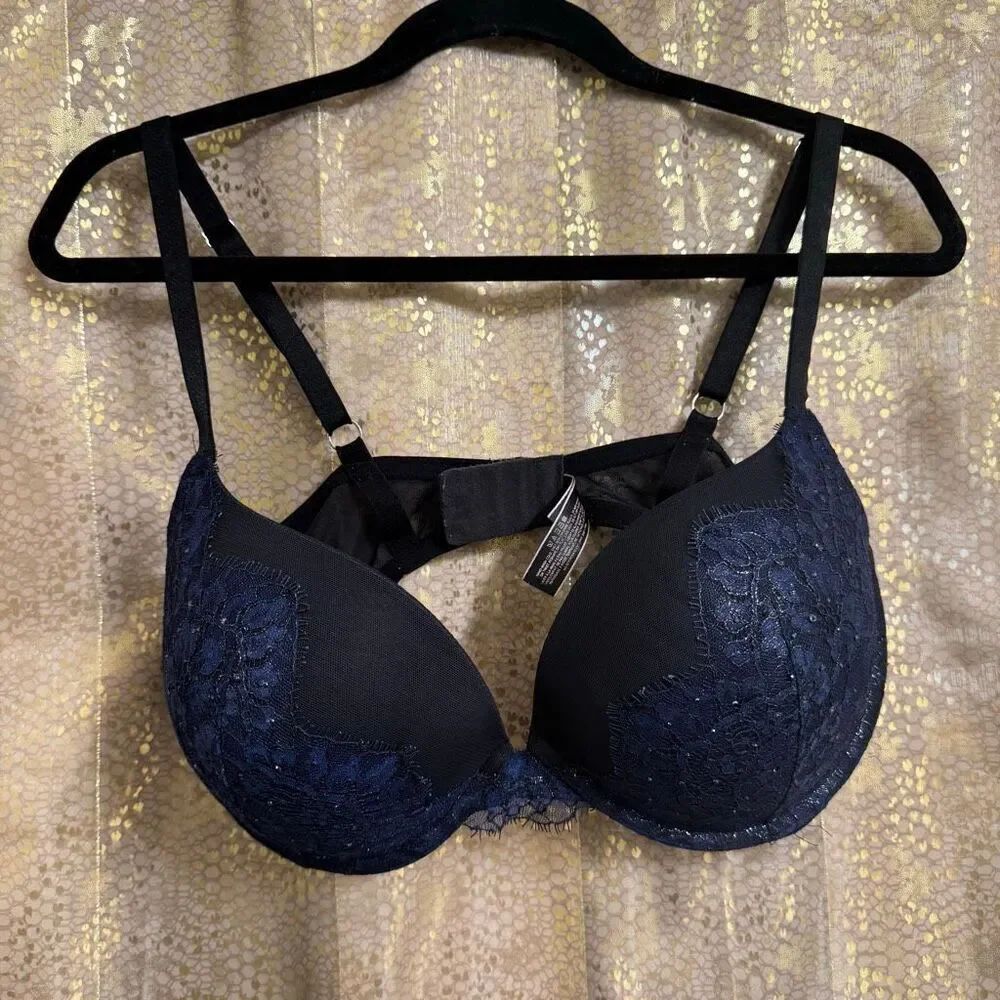 Victorias Secret Very Sexy Pushup Navy Blue Black Lace Rhinestone Bra 38DD